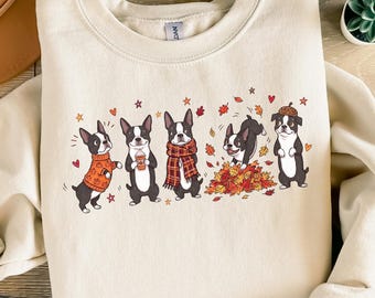 Fall Boston Terrier Sweatshirt, Boston Mom Gifts, Doodle Autumn Boston Terrier Sweater, Pet Owner Gift, Boston Terrier Lover Crewneck