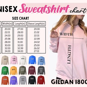 May include: Unisex sweatshirt size chart with measurements in inches. The chart shows the width, length, and sleeve length for sizes S through 5XL. A pink sweatshirt is shown with the words "WIDTH" and "LENGTH" marked on it. The chart also shows a color chart with different colors and names for the sweatshirts.
