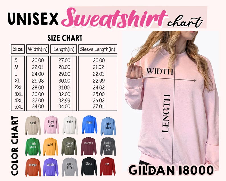 May include: Unisex sweatshirt size chart with measurements in inches. The chart shows the width, length, and sleeve length for sizes S through 5XL. A pink sweatshirt is shown with the words "WIDTH" and "LENGTH" marked on it. The chart also shows a color chart with different colors and names for the sweatshirts.
