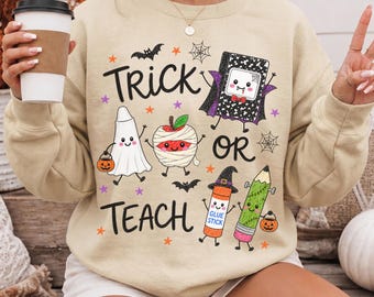 Sudadera "Trick Or Teach", regalo de Halloween para profesores, suéter Doodle Teacher Life, regalo espeluznante para el aula, sudadera de cuello redondo con estampado de fantasmas para profesores