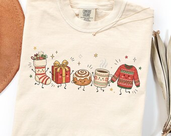Camiseta navideña con diseño de grupo, regalo acogedor de Navidad de invierno, camiseta navideña con estampado de café, regalo navideño para la familia, camiseta navideña para la mañana.