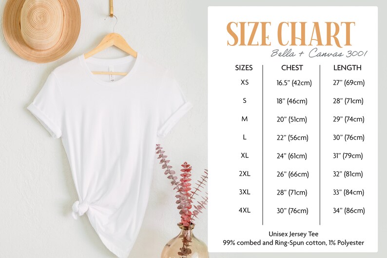 May include: Size chart for Bella + Canvas 3001 unisex jersey tee. The chart shows sizes XS to 4XL with corresponding chest and length measurements in inches and centimetres.
