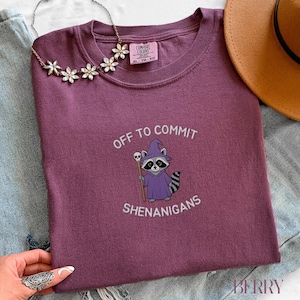 May include: A purple Comfort Colors t-shirt with the text "OFF TO COMMIT SHENANIGANS" and a cartoon raccoon wearing a wizard hat and robe. The shirt is size XL-TG. A silver flower necklace and a brown hat are also visible.