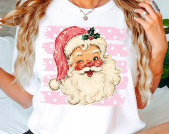 Camiseta retro de Papá Noel, camiseta rosa de Feliz Navidad, regalo de Papá Noel, camiseta navideña vintage rosa, regalo familiar de Navidad