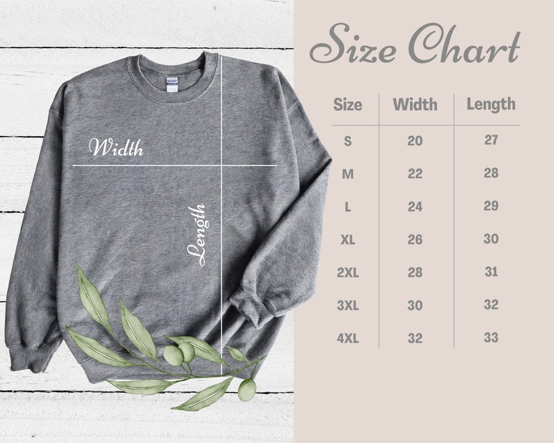 May include: Size chart for a gray sweatshirt with measurements in inches for width and length. Sizes range from S to 4XL.