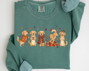 Sudadera Comfort Colors Fall Golden Retriever, regalo Doodle Golden Mom, suéter para amantes de los perros de Acción de Gracias, sudadera de cuello redondo para mamás Golden Retriever de otoño.