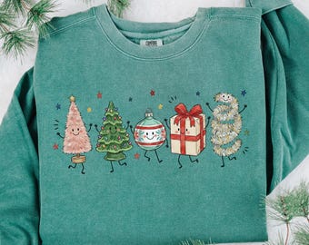 Sudadera navideña Comfort Colors con diseño de dibujos, acogedor regalo de invierno para Navidad, suéter con decoración navideña, sudadera navideña familiar con cuello redondo.