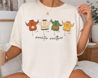 Doodle Fall Shirt, Sweater Weather Tshirt, Cozy Fall Gift, Fall Season Tee, Pumpkin Lover Gift