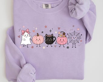Comfort Colors Girly Halloween Sweatshirt, Cozy Fall Gift, Doodle Halloween Sweater, Pumpkin Lover Gift, Cute Ghost Crewneck