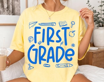 Preppy First Grade Teacher Shirt, Back To School Gift, School Doodles 1st Grade Teacher T-shirt, First Grade Tee