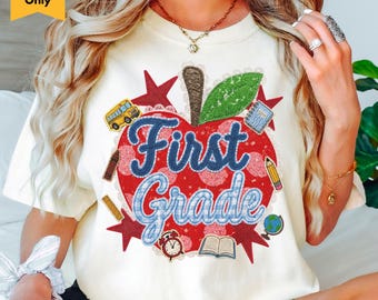 First Grade Teacher Faux Yarn Patchwork Shirt, Back To School Gift, Apple 1st Grade Teacher T-shirt, First Grade Tee
