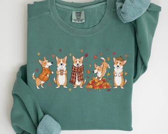 Sudadera Comfort Colors Fall Corgi, regalo para mamás Corgi, suéter para amantes de los perros en Acción de Gracias, regalo Doodle Corgi, sudadera de cuello redondo para amantes del Welsh Corgi en otoño