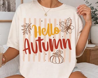 Camiseta Hola Otoño, Regalo para Amantes de las Calabazas, Camiseta Acogedora de Otoño, Regalo de Acción de Gracias, Camiseta de Temporada de Otoño
