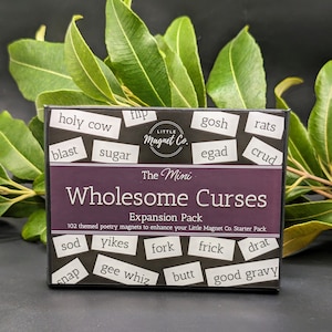 May include: A black box with the words "Wholesome Curses Expansion Pack" printed on it. The box contains 102 themed poetry magnets to enhance your Little Magnet Co. Starter Pack. The magnets have words like "holy cow", "flip", "gosh", "rats", "blast", "sugar", "egad", "crud", "sod", "yikes", "fork", "frick", "drat", "snap", "gee whiz", "butt", "good gravy" printed on them.