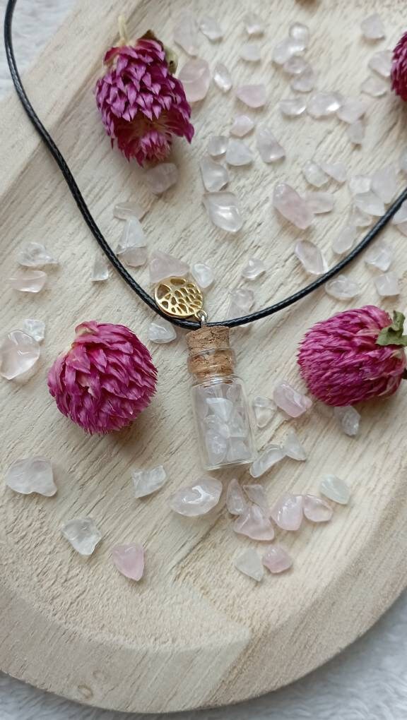 Collier Fiole avec Une Pierre de Litothérapie, Pierres et Cristaux Au Choix, Collier Amour/Chance/Gu