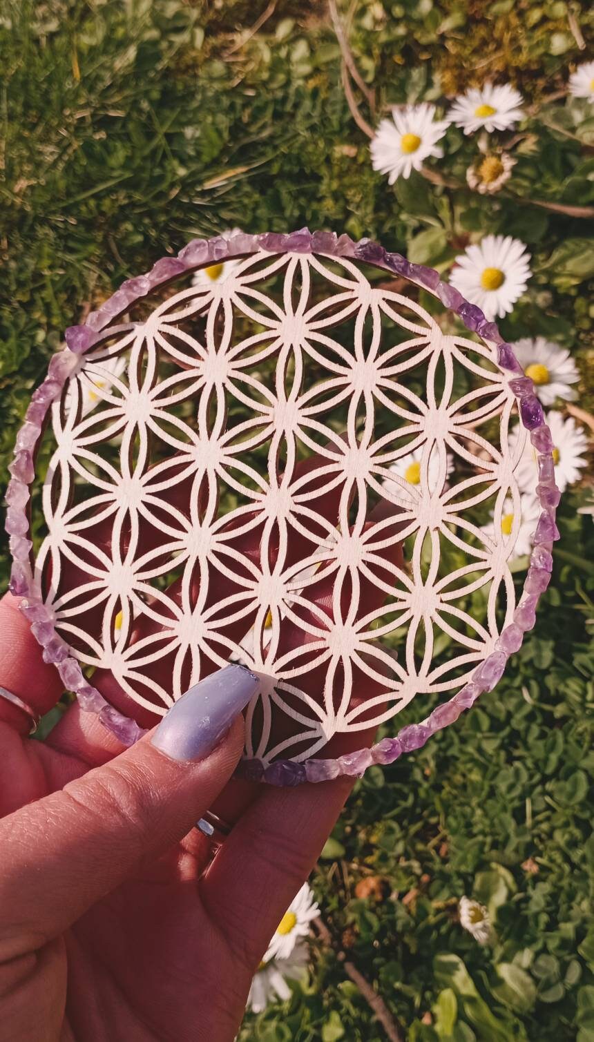 Fleur de Vie Figure Géométrique Sacré avec Améthyste Pierre Lithothérapie Rechargement Pueificat