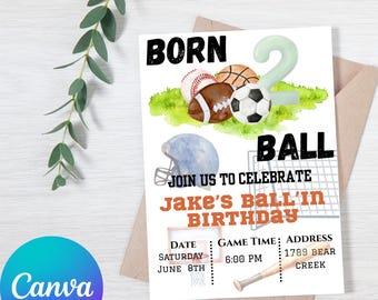 Sports Birthday Invitation: Watercolor Ball Theme, Editable Canva Template (Digital Download)