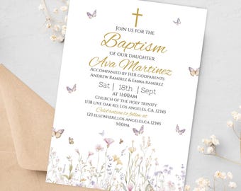 Floral Butterfly Baptism Invite:Editable Wildflower template (Digital/Canva)