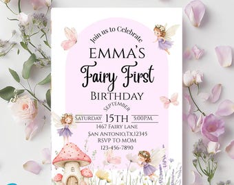 My Fairy First Birthday Invitation:Editable fairy garden template (Digital File/Canva)