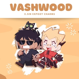 以下が含まれることがあります： 黒髪でサングラスをかけたキャラクターと金髪のキャラクターの2人が手をつないでいます。2人ともカラフルな服装をしています。キャラクターは高さ6.35cmで、エポキシ樹脂製です。画像の上部には「VASHWOOD 2.5IN EPOXY CHARMS」と書いてあります。