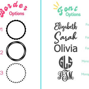 May include: A graphic showing three different border options for a design, with the options numbered 1, 2, and 3. The graphic also shows three different font options for a name, with the options labeled "Font 1", "Font 2", and "Font 3". The graphic also shows two different monogram options, with the options labeled "Monogram 1" and "Monogram 2".