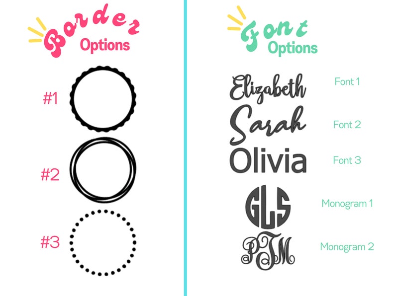 May include: A graphic showing three different border options for a design, with the options numbered 1, 2, and 3. The graphic also shows three different font options for a name, with the options labeled "Font 1", "Font 2", and "Font 3". The graphic also shows two different monogram options, with the options labeled "Monogram 1" and "Monogram 2".