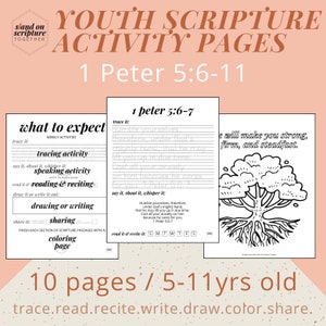 1 Peter 5:6-11 | Strong, Firm, Steadfast | Youth (5-11yr) Scripture Memorization Activity Pages | Trace | Write | Draw | Digital Download