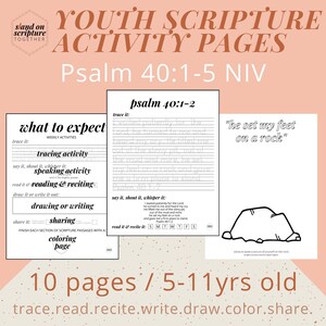 May include: A printable activity page for children featuring a black and white illustration of a rock with the text "he set my feet on a rock". The page includes activities such as tracing, reading, reciting, drawing, colouring, and sharing. The page is part of a 10-page set designed for children aged 5-11 and includes the scripture reference Psalm 40:1-5 NIV.