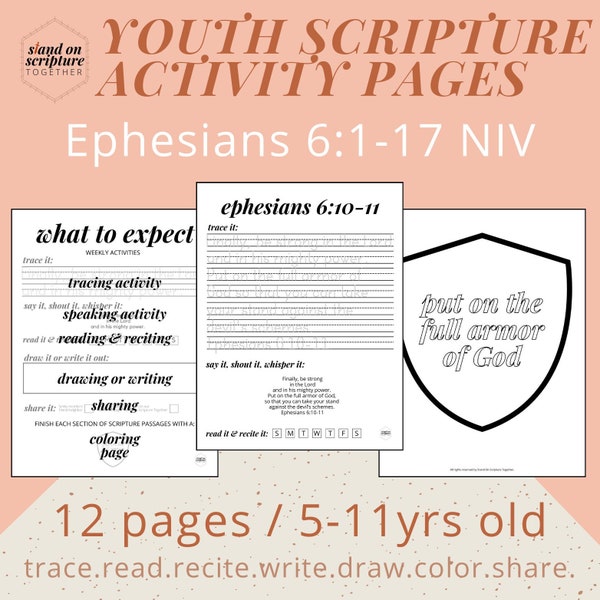 Ephesians 6:10-17 | Armor of God | Youth (5-11yr) Scripture Memorization Activity Pages | Trace | Copy Work | Draw | Digital Download
