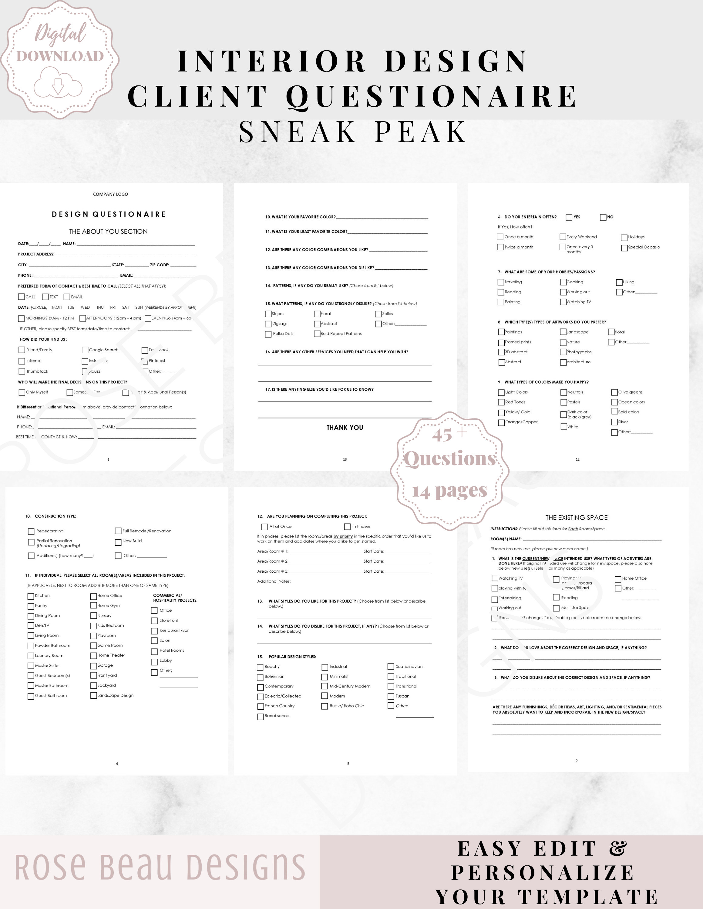 Client Questionnaire & Booklet Layout for Interior Design Etsy
