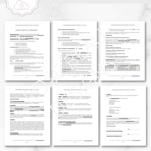 May include: A printable design service agreement template with sections for client information, project details, payment terms, and signatures. This document outlines the scope of work, deliverables, and payment schedule for design projects.