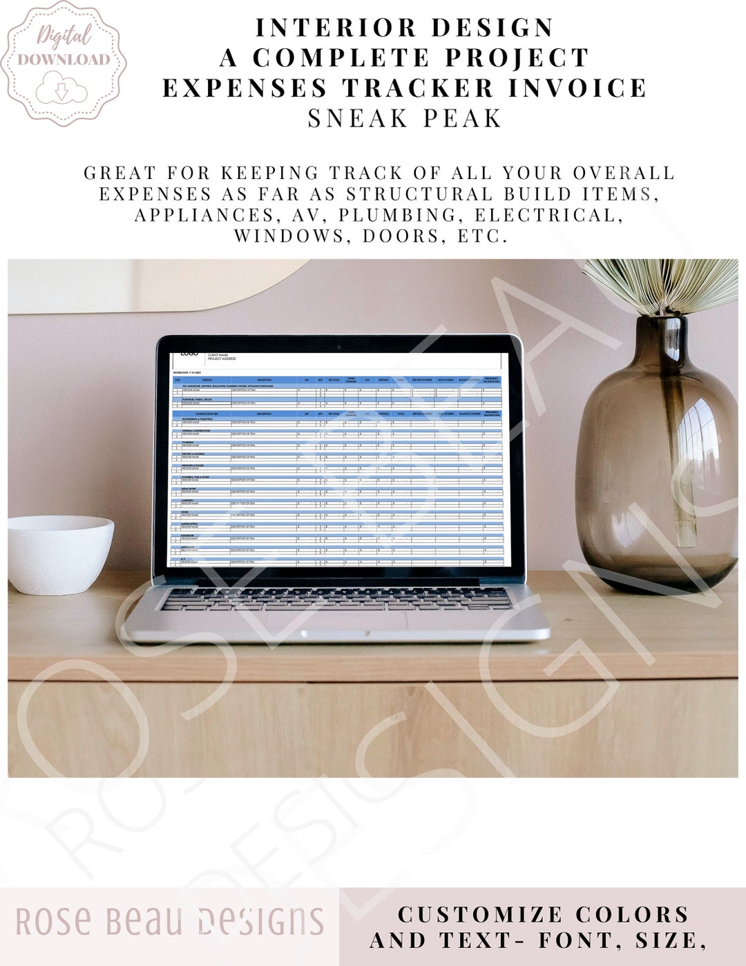 Interior Design Complete Project Expense Tracker Editable Template ...