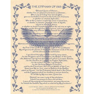 May include: A vintage-style print of "The Epiphany of Isis" with ornate floral borders. The text is in a classic font, featuring a poem or passage about the goddess Isis, with references to various deities and cultures.