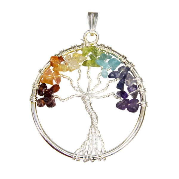 Wire-Wrapped Chakra Tree Pendant (Silver)