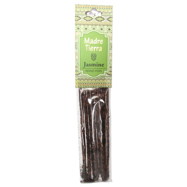 May include: A package of Madre Tierra Jasmine incense sticks. The package is green and brown with a white label that says "Madre Tierra" and "Jasmine incense sticks".