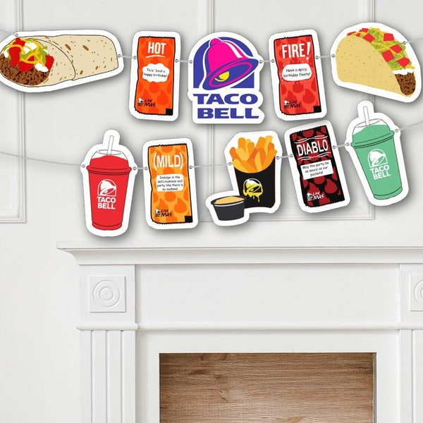 Decoración de pancarta de Taco Bell para fiesta de Taco Bell. Diseño de bricolaje imprimible. Imprimir, cortar y enhebrar. ¡Refranes del paquete de salsa incluidos!