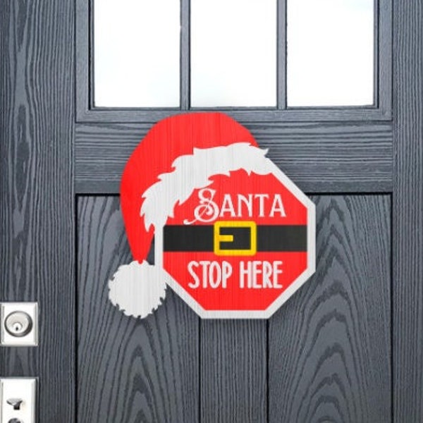 Christmas Door Sign SVG Design Santa Stop Here. Santa Stop Here sign SVG. Christmas Door Hanger. Farmhouse decor. PNG. Round Wood Sign.