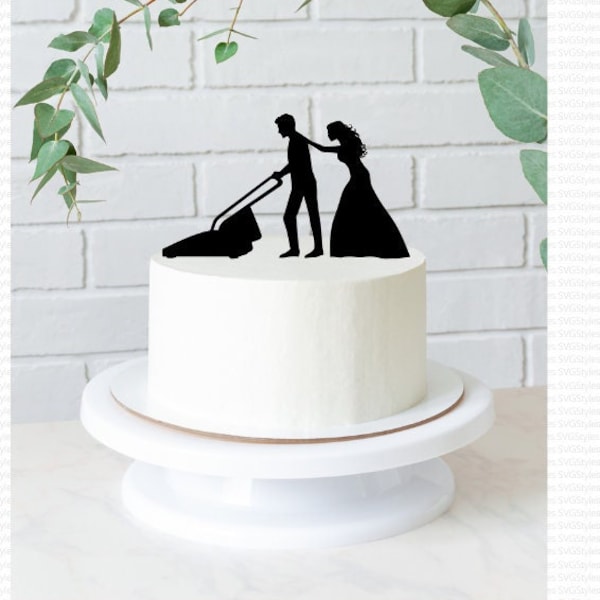 Bride pulling Groom with Lawn Mower Wedding Cake Topper SVG - Instant Download.