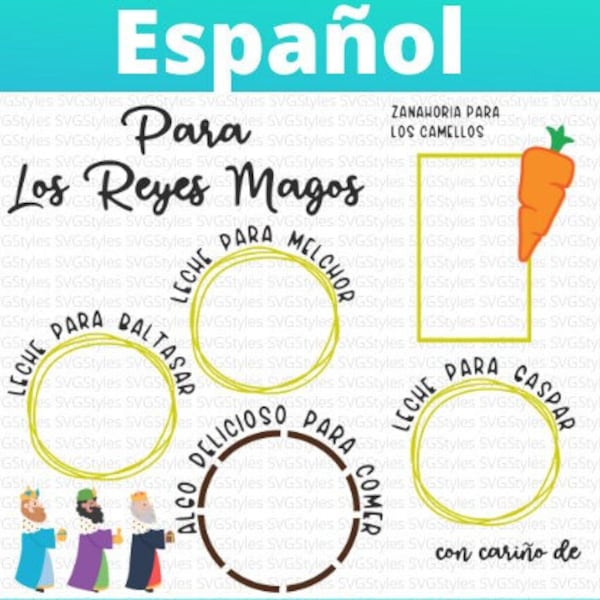 Español SVG PNG. 3 diseños de bandejas. Para los Reyes Magos y Para Papa Noel. Este archivo está en español como se muestra en las imágenes.