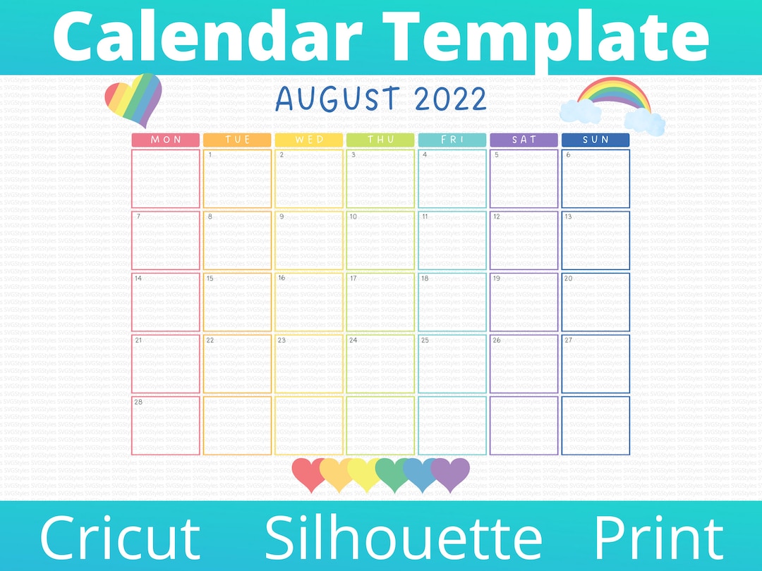 Rainbow Calendar Month Template SVG PNG. Months, Years, Dates Included