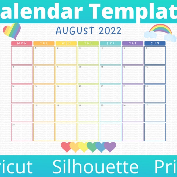 Rainbow Calendar Month Template SVG PNG. Months, years, dates included. Great for Whiteboard, Print, Cricut, Silhouette. Instant Download