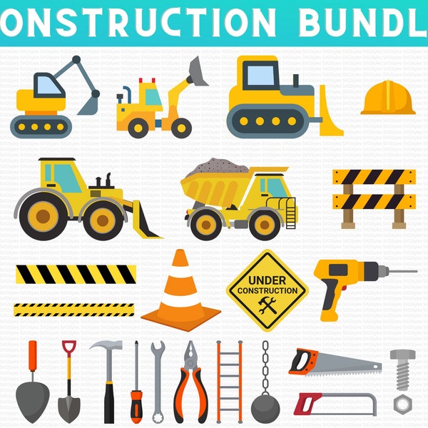 Construction Svg Bundle, Trucks Excavator Backhoe Tractor Dump Truck, Tools Svg Files, Construction Clipart, Boy Birthday, Cricut Silhouette