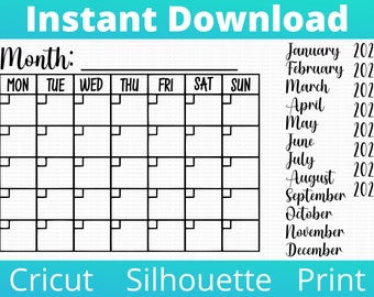 Calendar Month Template SVG PNG jpg pdf for Whiteboard, Print, Cricut, Silhouette Cutting Machines. Instant Download