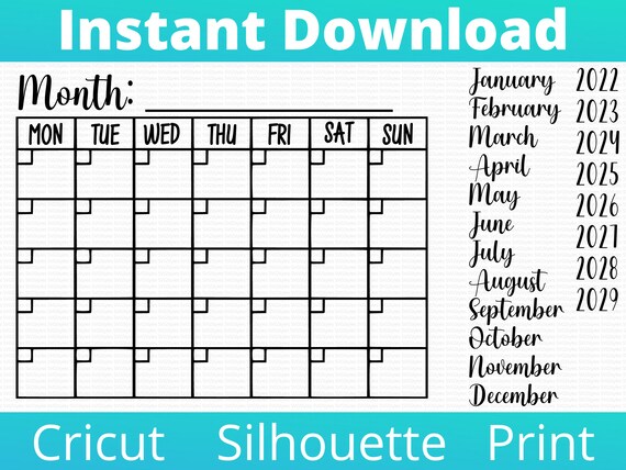Calendar Month Template SVG PNG Jpg Pdf for Whiteboard, Print, Cricut, Silhouette Cutting Machines. Instant Download - Etsy