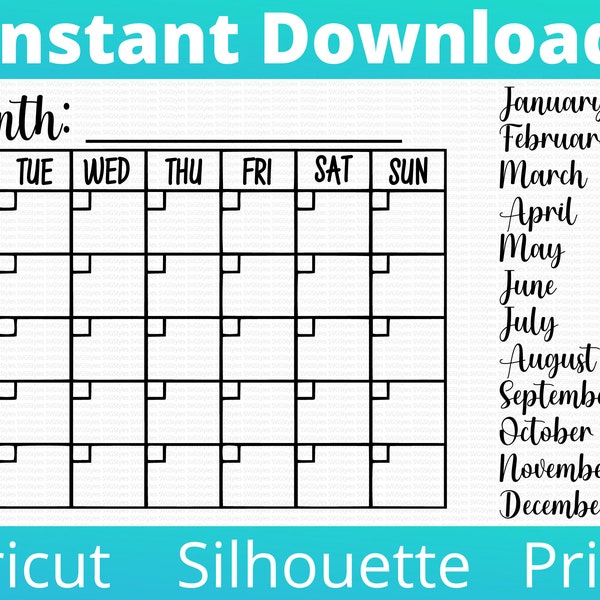 Calendar Month Template SVG PNG jpg pdf for Whiteboard, Print, Cricut, Silhouette Cutting Machines. Instant Download