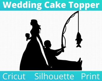 Bride Dragging Fishing Fisherman Groom Wedding Cake Topper - SVG . Instant Download PNG, Cricut, Silhouette, Print