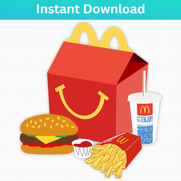 Kids Meal SVG PNG, Cheeseburger, Fries, Drink, 80's 90's Meal Set SVG Layered By Color, Cricut Silhouette