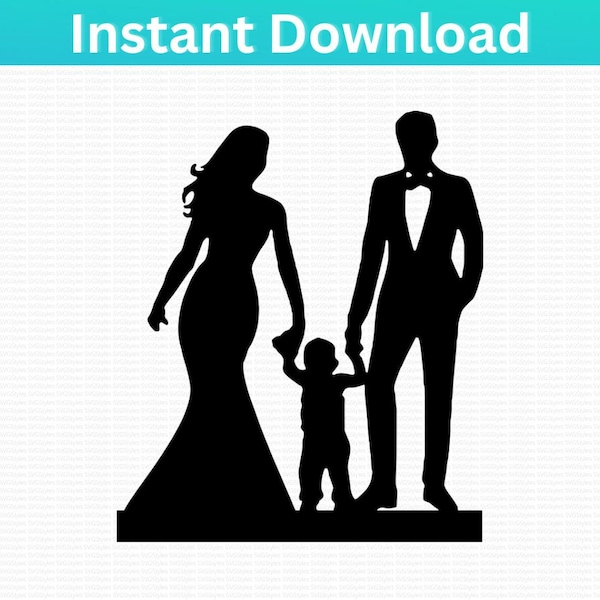 Bride Groom and Child Wedding Cake Topper - SVG - Bride and Groom holding hands with baby. Instant Download PNG, Cricut, Silhouette, Print