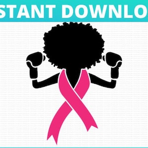 Pink Ribbon Afro Lady Boxer for Breast Cancer Awareness Month SVG.  Wear Pink Fight Cancer become a Survivor. Cut File Sublimation PNG jpg