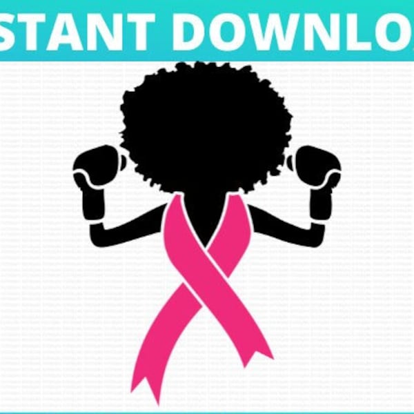 Pink Ribbon Afro Lady Boxer for Breast Cancer Awareness Month SVG.  Wear Pink Fight Cancer become a Survivor. Cut File Sublimation PNG jpg